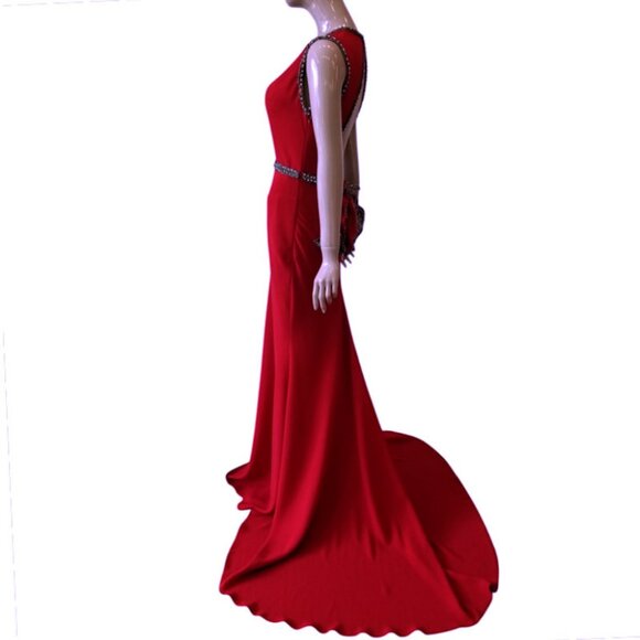 TARIK EDIZ 92607 Beaded 3-D Flower Back RED Dress Size 40/US 8 - Picture 6 of 14